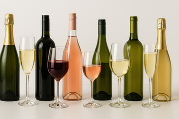 Row of wine bottles and glasses on rustic wooden table, illuminated by soft candlelight, creating a warm and cozy ambiance.