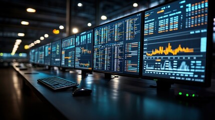 Multiple monitors display data and graphs in a modern control room
