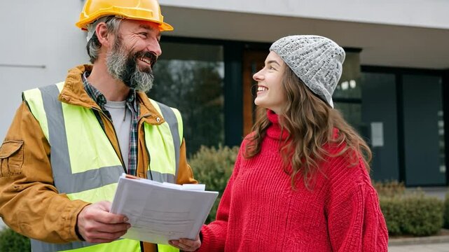Construction Consultation: A construction worker and homeowner share a friendly consultation about house plans in front of a modern house, symbolizing collaboration and a new beginning.