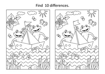 Difference game with frogs the sailors, sailboat, pond scene, fish
