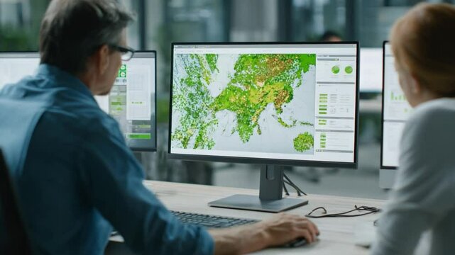 Navigating Data and Collaboration: Focused individuals analyze intricate geographical data displayed on high-resolution computer screens.