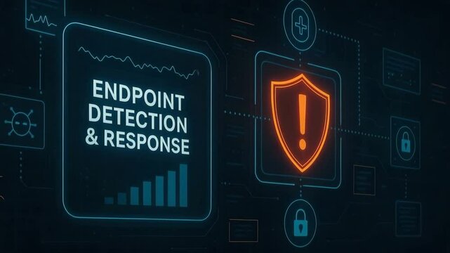 An abstract representation of cybersecurity with data charts, shields, and icons. It illustrates endpoint detection and response, emphasizing protection against digital threats.