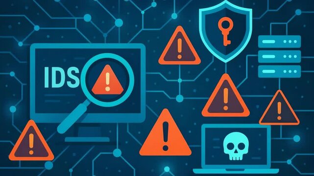 An illustration depicting a cybersecurity theme with warning alerts, data protection symbols, and monitoring screens, highlighting the importance of network security and threat ide