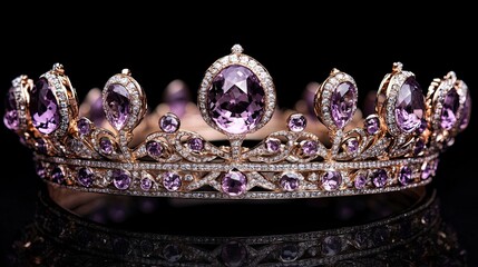 Regal crown adorned with purple gemstones and diamonds, symbolizing luxury and elegance.