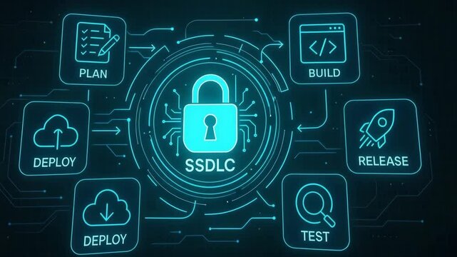 A digital illustration showcasing the Secure Software Development Life Cycle (SSDLC) process, highlighting key stages like planning, building, testing, and deploying with a lock sy