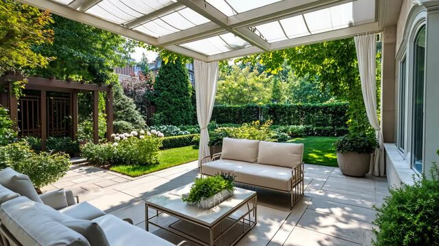 A bright outdoor patio with modern furniture and a pergola surrounded by greenery. vibe