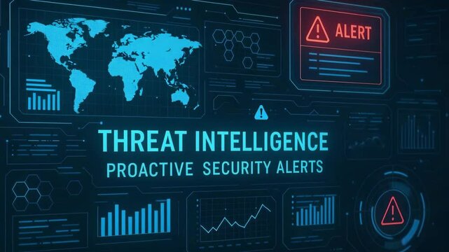 A modern digital interface displaying threat intelligence and security alerts, showcasing data visualization and proactive monitoring in cybersecurity for enhanced safety.