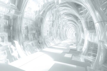 Obraz premium A futuristic, translucent tunnel. Light streams through intricate, arched structures