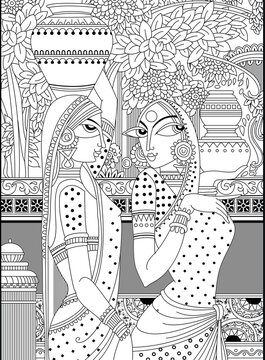 Traditional Indian Folk Art - Village Women in Ethnic Attire with Pots and Floral Background