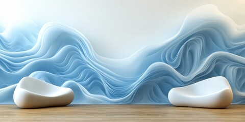 Abstract Wave Wall with Modern Seating