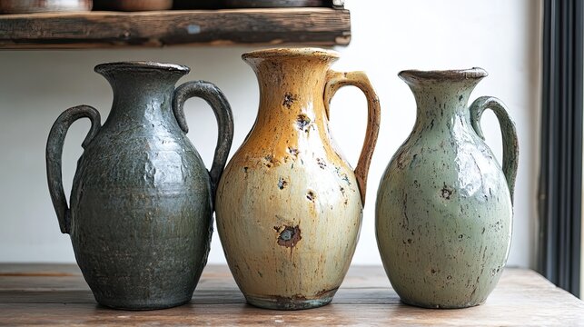 Rustic pottery jugs in unique shapes and decorative elements, highlighting craftsmanship and historical value.