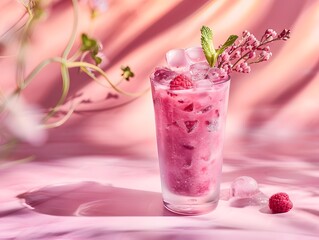 clear drinking glass filled with fruit smoothie and ice, placed on a pastel background for food ad 
