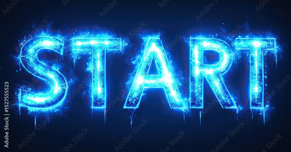 Poster bright blue text spells start against dark background. energetic, glowing effect creates dynamic vis