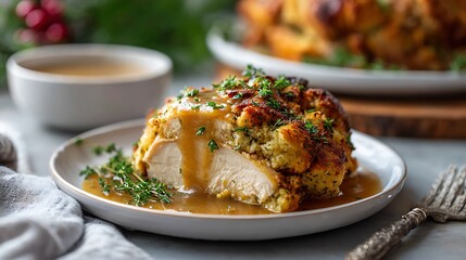 Roasted Chicken with Herb Crust and Gravy on a Festive Table