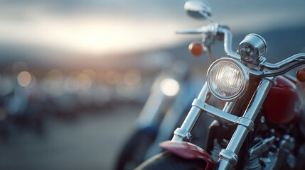 Close up of motorcycle headlight with blurred colorful motorcycles in background showing modern design and vibrant urban transportation scene
