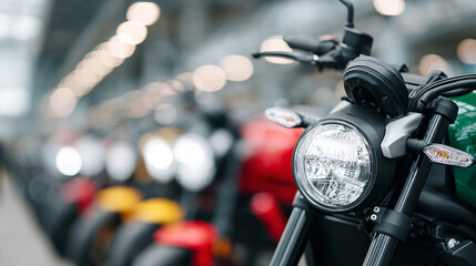Close up of motorcycle headlight with blurred colorful motorcycles in background showing modern design and vibrant urban transportation scene