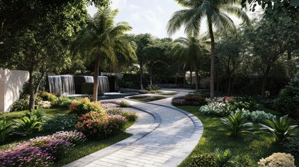 Tropical Garden Pathway with Waterfall