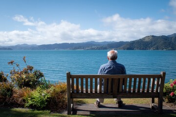 A man sits on a bench overlooking a lake