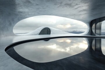 Modern architectural structure with reflecting pool.  Massive concrete curves, panoramic views of a mountainous landscape reflected in a still water pool, creating a serene and minimalist space