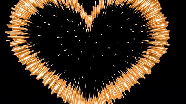Radiant heart-shaped fireworks display animated overlay, transparent 4K video, alpha channel, ProRes 4444