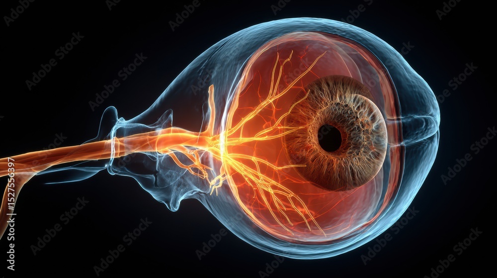 Poster 3D Rendering Showcases Optic Nerve and Eye Anatomy With Futuristic Glow and Clean Upper Margin in Detailed Representation