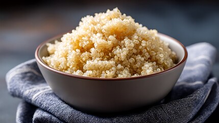 Bowl of Fluffy Cooked Quinoa on a Blue Cloth