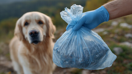 Responsible dog owner cleaning up after their golden retriever in a park wearing blue gloves showing care and hygiene for pets and environment