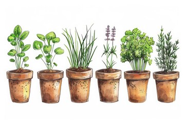 set of potted plants and herbs, illustration in pencil and watercolor