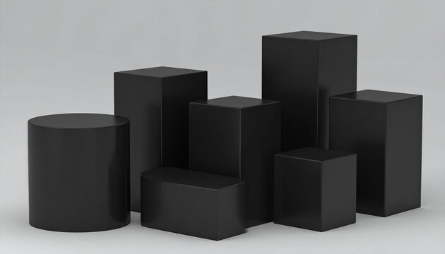Black podiums and pedestals in geometric shapes - cylinders, rectangular blocks, curved segments. Glossy lacquered minimalist display stands of various heights. 3d elegant showcase platforms.