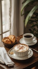 Cozy morning coffee setup with whipped cream cappuccino, black coffee, and fresh croissants.