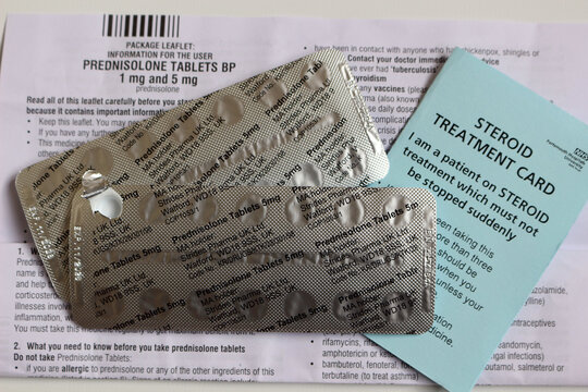 Portsmouth, Hampshire, England. 24th October 2024.   Blister packs of Prednisolone tablets, information leaflet and steroid card.