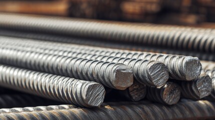 Stack of ribbed steel bars with metallic sheen and visible ridges, showcasing rebar used in construction. Flat and circular ends display signs of rust and wear from exposure to the elements. Sharp foc