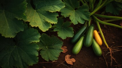 Obraz premium Fresh Zucchinis Harvested from Lush Vegetable Patch in Garden