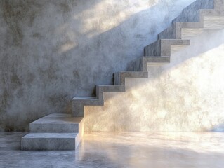 Modern concrete staircase in a minimalist interior. Sunlight streams into the room, highlighting the steps