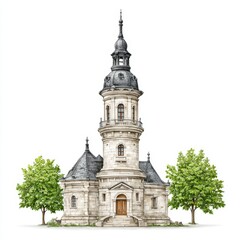 A beautiful illustration of a small stone cathedral with trees on white backdrop