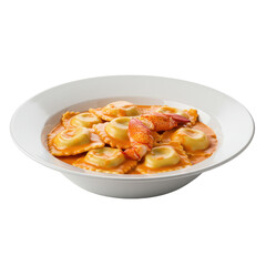 A delicious plate of ravioli with shrimp in a creamy sauce, elegantly presented