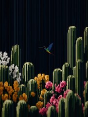 Obraz premium Pixelated desert scene with hummingbird