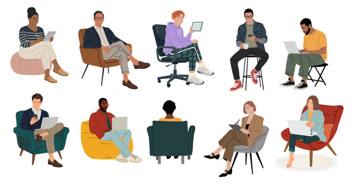 Vector set of diverse people in smart casual outfits sitting on chairs, armchairs, stools, working on laptops, tablets, or smartphones. Isolated on transparent background
