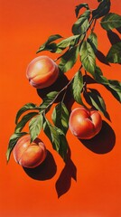 Realistic peaches with green leaves on a vivid orange background, casting strong shadows.