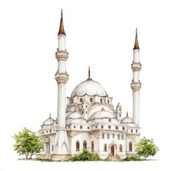 Fototapeta premium Watercolor illustration of a majestic mosque with minarets and domes.