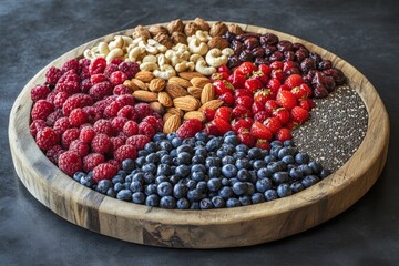 Assorted fresh berries, nuts, and seeds arranged in a wooden bowl, showcasing healthy raw ingredients.