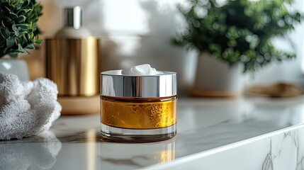 Skincare jar with golden gel on a minimalist countertop for beauty shots.