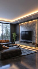 Modern living room with LED lighting.  Ambient lighting accents a contemporary space