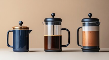 Sleek French press coffee makers in varying sizes, showcasing elegant designs for coffee enthusiasts.