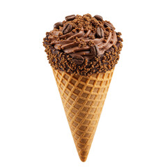 Delicious chocolate ice cream cone topped with coffee beans, isolated on a white background