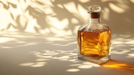 Sleek Glass Bottle Filled with Golden Liquid, Casting Soft Shadows on a Light Background