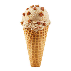 Delicious ice cream cone with nut toppings, set against a plain background