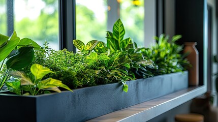 Sleek indoor garden features lush green plants in a modern container, showcasing greenery and decor.