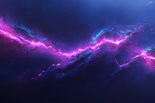 Abstract cosmic energy wave with glowing purple lightning and blue nebula textures on a dark background.