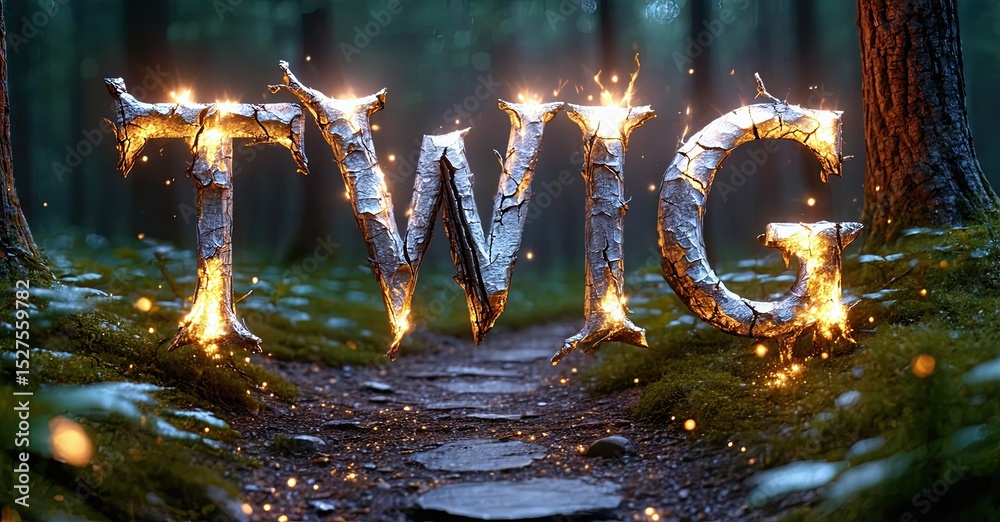 Poster forest path displays glowing word twig formed from branches. moss covers ground, creating mystical a